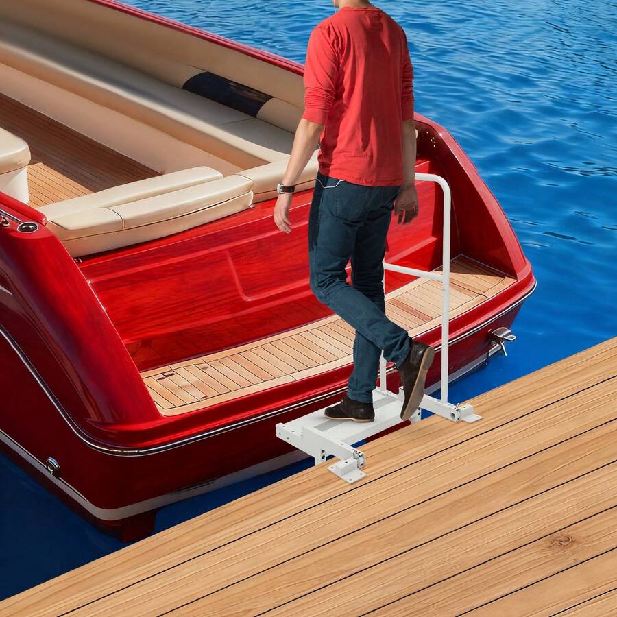 RibasuBB Foldable Aluminum Boat Boarding Platform With Removable Handrail, 20.1*18.8*38.8in, 330lb Capacity, Lightweight Corrosion‑Resistant Grey Dock Step With Gloves - Grey - View 1
