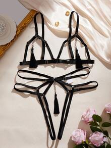 Bộ đồ lót nữ tua rua khoét rỗng gợi cảm bằng kim loại - màu đen - Xem 3