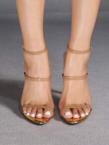 Jin Bei Qi 女士圆头漆皮撞色交叉踝带露趾户外派对细高跟凉鞋，优雅时尚，适合派对、宴会、浪漫场合，杏色 - 杏色 - 查看 6