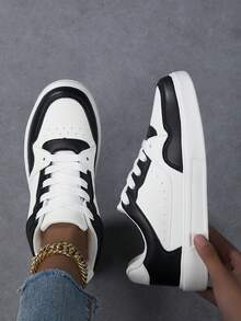 Spring New Round Toe Lace-Up Black & White Women Shoes, PU Patchwork Uppers, Fashion Street Style Sporty College Vibe, Comfortable Casual Sneakers For Women - Black and White - View 2