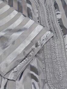 New Middle Eastern Moroccan Dubai Clothing Striped Robe, Mid-Sleeve Embroidered Saudi Arabian - Light Grey - View 6