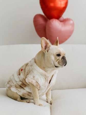 一件柔软甜美的宠物背心，蓬松的羊毛材质，无袖设计，情人节主题，奶油色搭配纸杯蛋糕刺绣细节，简约的无袖款式，保暖舒适，适合法斗等小型犬穿着，是宠物浪漫装扮的完美之选。