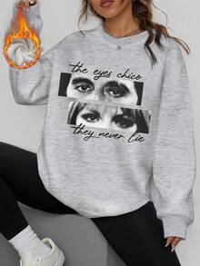 1 pezzo/Felpa unisex in tinta unita con motivi a forma di occhio in stile film classico e slogan grafici, ampia e comoda, in misto cotone, adatta per le uscite autunnali e invernali. Per donne e uomini. - 1 pezzo grigio - Visualizzare 2