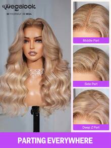 MEGALOOK 渐变金发，焦糖色和灰调，预剪裁 6x5 无胶蕾丝假发 - 100% 真人发，自然波浪卷发，金色挑染，预先拔毛，隐形结，透明蕾丝闭合，新手友好，易于佩戴 - 自然逼真，适合日常佩戴，可打造办公室、僵尸新娘、万圣节、派对、Y2K 风格、度假、户外角色扮演、校园、学校假期、圣诞节、派对、婚礼、节日等各种场合，适合女性佩戴。