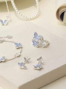 New Summer Light Luxury Niche High-End Temperament Exquisite Blue Crystal Butterfly Rhinestone Necklace Jewelry For Girls - Baby Blue - View 3