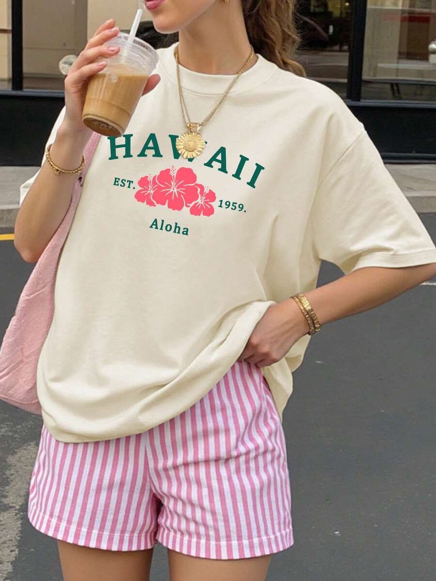 夏威夷印花宽松女式短袖夏季连衣裙，适合春节、中国新年、马年、新年、情人节、情人节礼物、情人节送她的礼物等场合。 - 杏色 - 查看 1