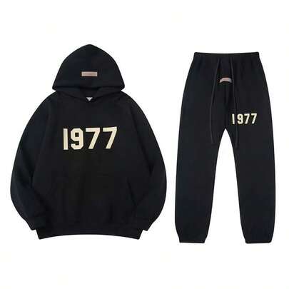Essentials-1977 2pcs Men's Casual Print Drawstring Hoodies And Pants Set, 2025 New Street Loose Sweatshirt Set For Women And Men, Hip-Hop Skateboard Casual Sportswear For Autumn And Winter