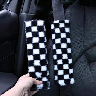 1pc/2pcs Plush Black & White Checkerboard Car Seat Belt Covers, Protective Shoulder Pads