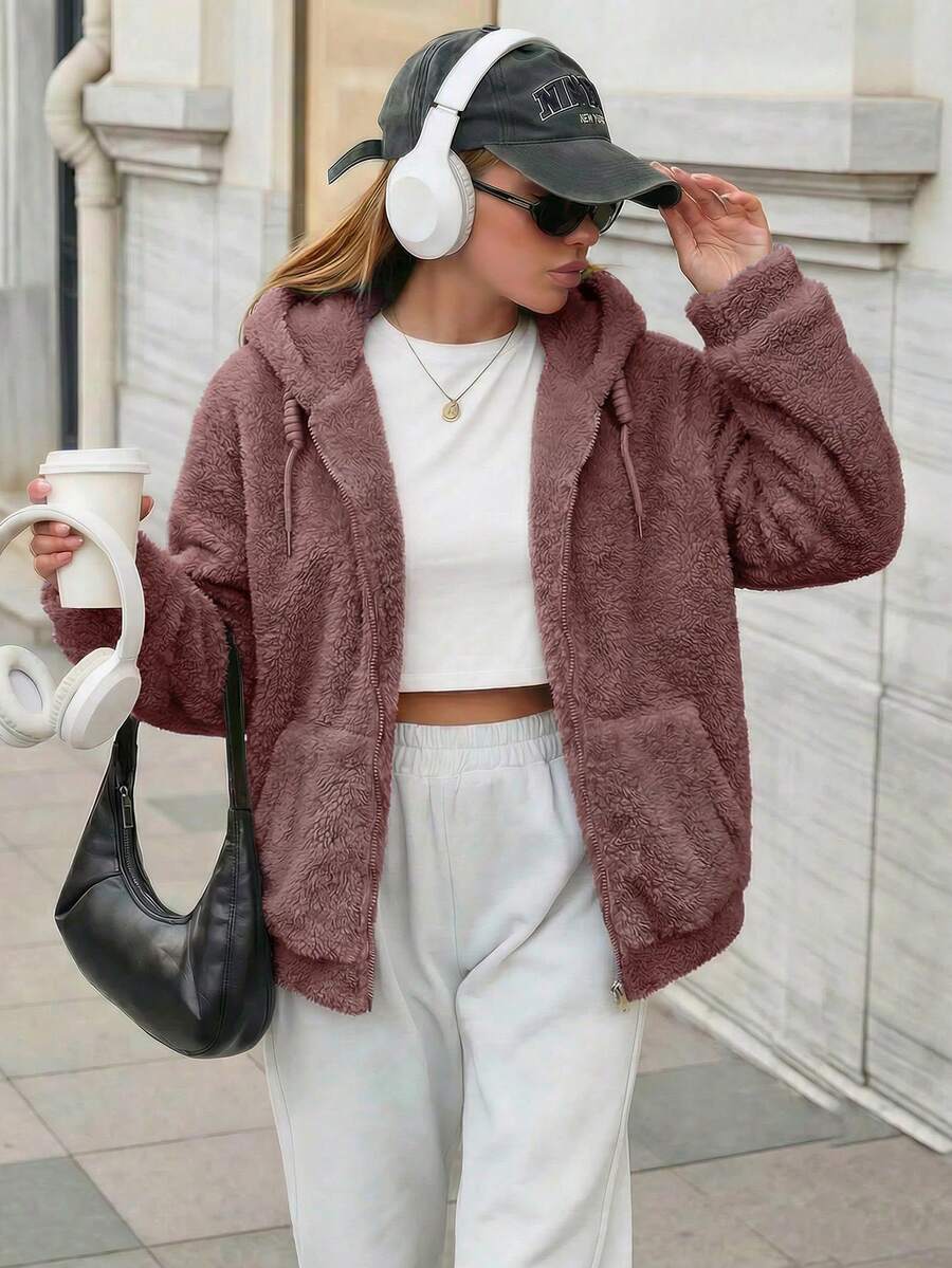 Simple Women's Winter Long-Sleeved Versatile Plain Zip-Up Cotton Coat With Hood, Fluffy Texture, Comfortable, Close-Fitting And Warm. - Purple - View 1
