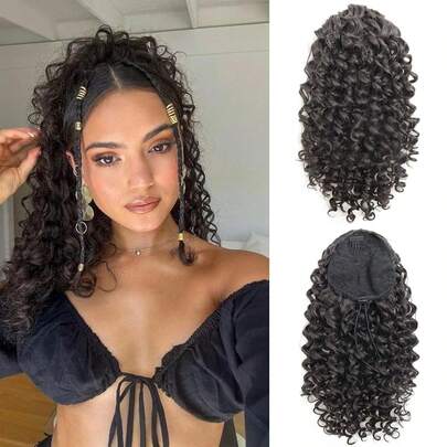 Ponytail Extension,Curly Drawstring Ponytail Extension For Natural Black Curly Clip In Hair Extensions 18 Inch Synthetic Hairpiece For Daily Party