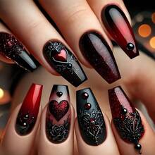 A Box Of 24 Pieces Of Gothic Valentine's Day Wearable Nails Love Rose Red Fake Nail Patches - 紅色 - 查看 5