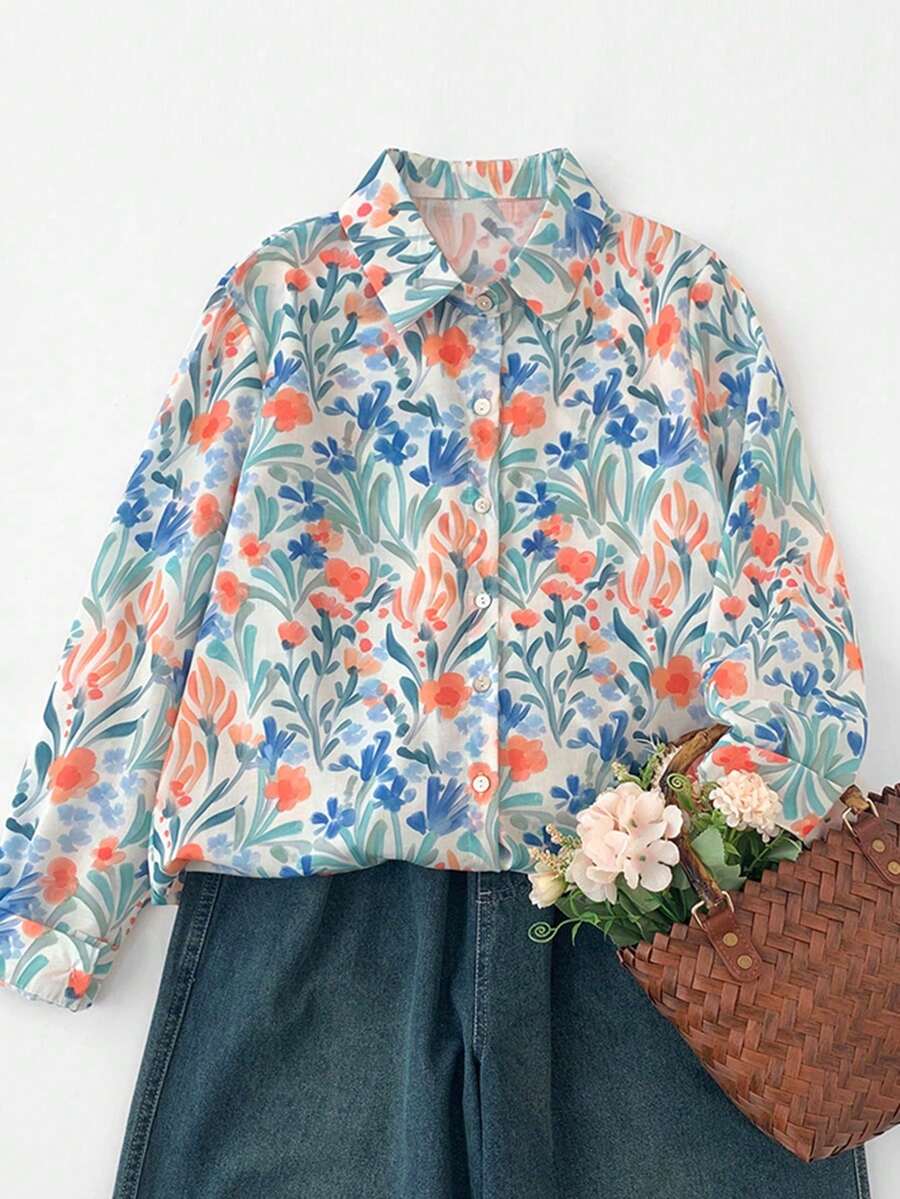 新款春夏百搭碎花衬衫，法式优雅休闲女式上衣 - 淺藍色 - 查看 1