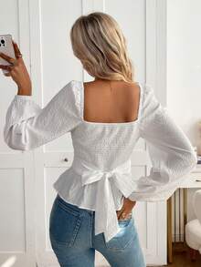 Textured Ruffle Trim, Lantern Sleeve, Crossover Deep V-Neck, Cropped Fitted Waist Design, Cotton Jacquard Fabric, Pure White Blouse, French Romantic Goddess Style, Suitable For Dates, Outings, Afternoon Tea, Spring/Summer - White - View 4