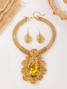 夸张多层人造水晶吊坠，铝线编织手工串珠项链、耳环，时尚复古风格，适合派对、婚礼、度假等场合。 - 金黃色 - 查看 4