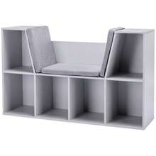 Children's Bookcase With Stool, Children's Bench With 6 Compartments, Storage Chest With 3 Cushions, Toy Chest, Ages 3 And Up, Grey, 103 X 30 X 62 Cm - Grey - View 9