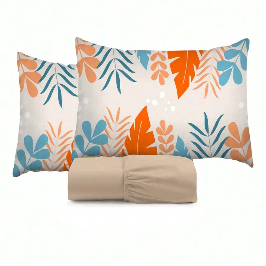 King Size 3-Piece Sheet Set, 400 Thread Count Cotton, Soft Touch, With Elastic And Printed Pillowcases, 50x70cm - 橘色 - 查看 1