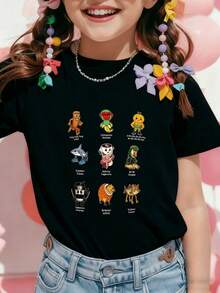 Kids' Cotton T-Shirt, Black Cartoon Character T-Shirt For Boys - Printed With 9 Fun Characters, Including Dancing Oranges, Leaf-Headed Creatures, And Cute Foxes. Modern And Comfortable Casual Wear Suitable For Parties And Festive Occasions. Lightweight And Breathable Pure Cotton Fabric Provides All-Day Comfort. Ideal As A Christmas Gift For Kids, A New Year's Gift, A New Year's Outfit, A Unisex T-Shirt For Boys And Girls. - 黑色 - 查看 6