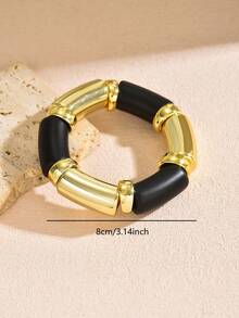 1 pieza Brazalete elástico de mujer de moda simple con bloqueo de color acrílico, adecuado para uso diario - Oro + Negro 1318 - Ver 3