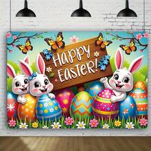 1pc Happy Easter Background Cloth Banner - Cute White Rabbit, With Flower And Egg, Butterfly Design, Suitable For Easter Decoration, Party Supplies, Theme Party, Anniversary, Holiday Celebration, Party Decoration, Indoor And Outdoor Decoration, Wall, Courtyard, Corridor Decoration Background - Multicolor - View 1