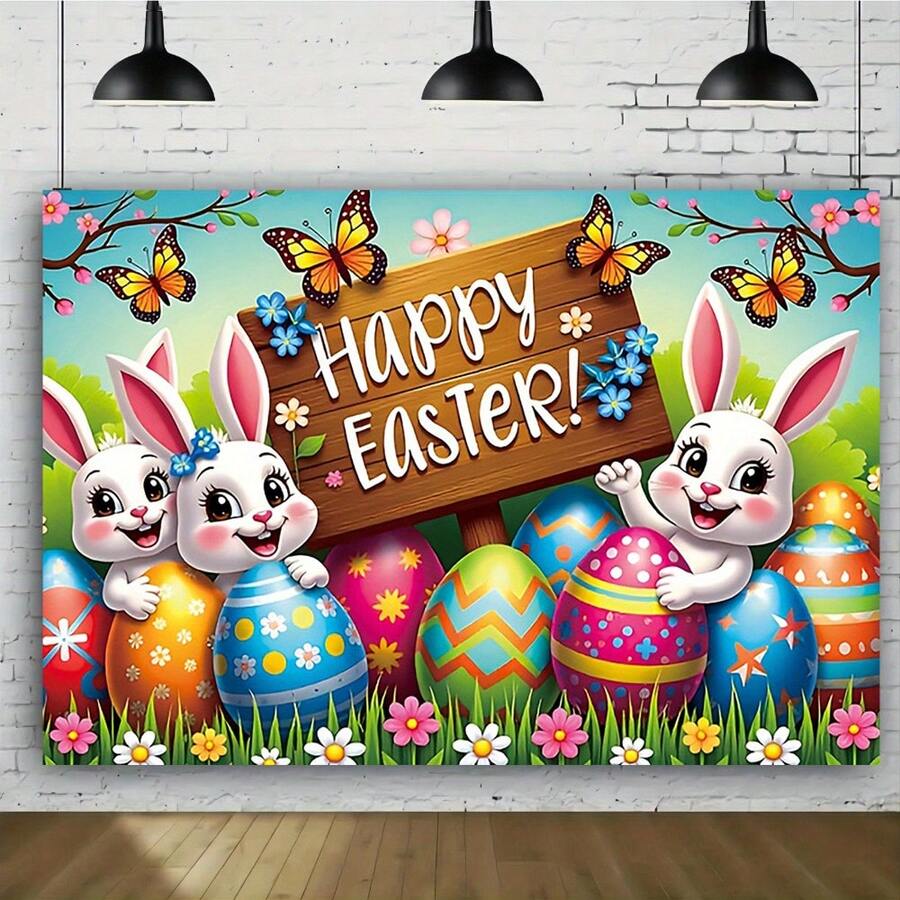 1pc Happy Easter Background Cloth Banner - Cute White Rabbit, With Flower And Egg, Butterfly Design, Suitable For Easter Decoration, Party Supplies, Theme Party, Anniversary, Holiday Celebration, Party Decoration, Indoor And Outdoor Decoration, Wall, Courtyard, Corridor Decoration Background - Multicolor - View 1