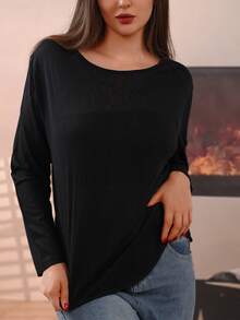 1pc Women's Fashionable & Versatile Knitted Lyocell Crew Neck Asymmetric Hem Tunic Top, Suitable For Casual Wear, Loungewear, Spring/Autumn - Black - View 1