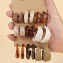 3pairs/9pairs Classic Elegant Style Warm Color Geometric C-Shape Acrylic Earrings With Irregular Surface Texture,Perfect For Daily Wear And Gifts, Everyday Earrings | Bohemian Style | Durable Earrings - Multicolor - View 5