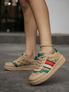 Women's Retro-Style Striped Color-Blocked Lace-Up Casual Skateboard Shoes, Random Printed Letter Patterns, Versatile And Comfortable Platform Sneakers With Added Height. - 杏色 - 查看 8