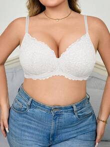 MIMILEMON Plus Size Women Lace Wireless Full Coverage Lift Bra With Underwire, Breathable, Minimizes Bulges, Daily Wear Bra - White - View 3
