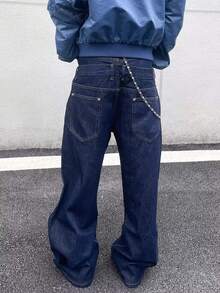 Men's Double Waist Head Colliding Loose Straight Leg Jeans Versatile Wide Leg Casual Lazy Style Jeans - 深色水洗藍 - 查看 4