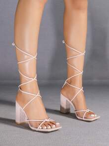 女士粉色露趾凉鞋，性感时尚派对新款交叉绑带方头高跟鞋，简约优雅舒适厚底粗跟鞋 - 粉色 - 查看 3