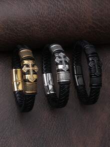 1pc Men's Punk Style Skull Cross Handmade Woven Leather Bracelet Accessory - Bracelet - View 6