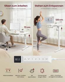 VASAGLE Höhenverstellbarer Schreibtisch, 140 x 80 cm, USB-C-Anschluss, Ablage für Steckdosenleiste, Stehtisch, Erinnerung bei langem Sitzen, 3 Speichertasten - Mattweiß - Übersicht 5