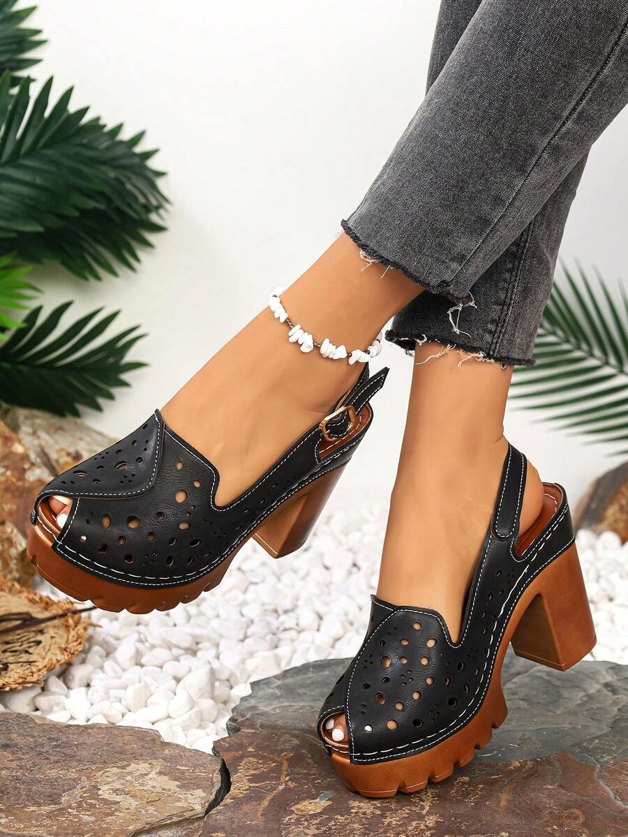 大码女式新款镂空粗跟高跟凉鞋，时尚搭扣露跟高跟凉鞋 - 黑色 - 查看 1
