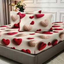 3pcs Heart-Shaped Valentine's Day Bedding Set (Includes 2 Pillowcases + 1 Fitted Sheet), 3D Edging, 360° Fitted Mattress, Skin-Friendly Fabric, Easy To Create A Tidy Bedroom, Anti-Slip Design, Elastic