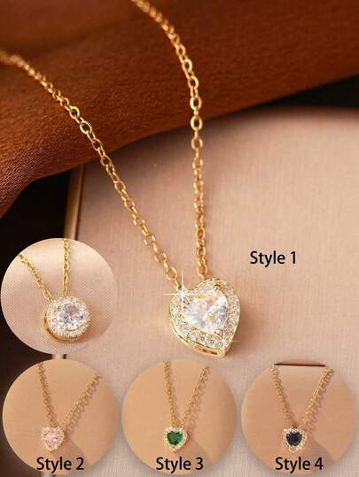 Hihho 1pc Women Zirconia Studded Clavicle Chain Necklace, Heart Shaped, Elegant, Versatile, Suitable For Daily Wear, Best Valentine's Day Gift