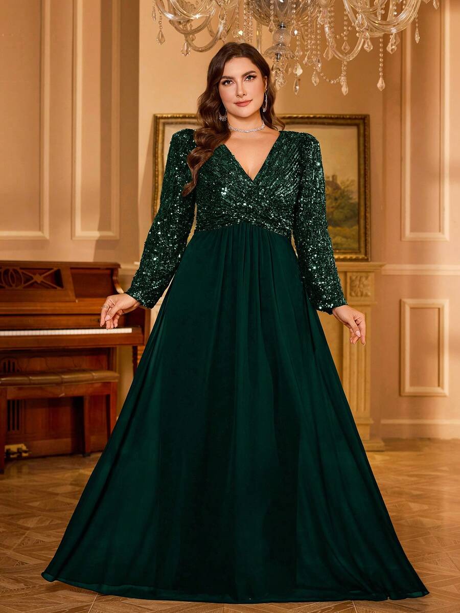 UNITHORSE V领长袖褶皱亮片拼接雪纺晚礼服