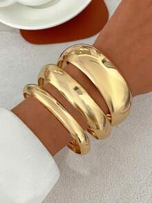 Set de 3 piezas de brazaletes de estilo retro y exagerado con acabado metálico liso, pulsera de estilo minimalista y de alta gama, adecuado para mujeres, hombres, parejas, vacaciones, casual, fiesta, citas, regalos de cumpleaños, accesorio versátil - Amarillo Oro - Ver 2