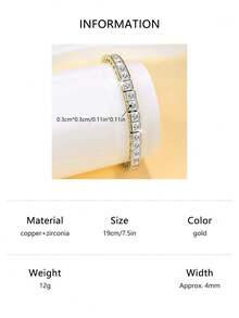 1 peça Bracelete de Tênis Quadrado Clássico Versátil e Fashion com Zircônia Cúbica Brilhante para Festa, Meninas, Presentes, Aniversário - Ouro - Ver 15