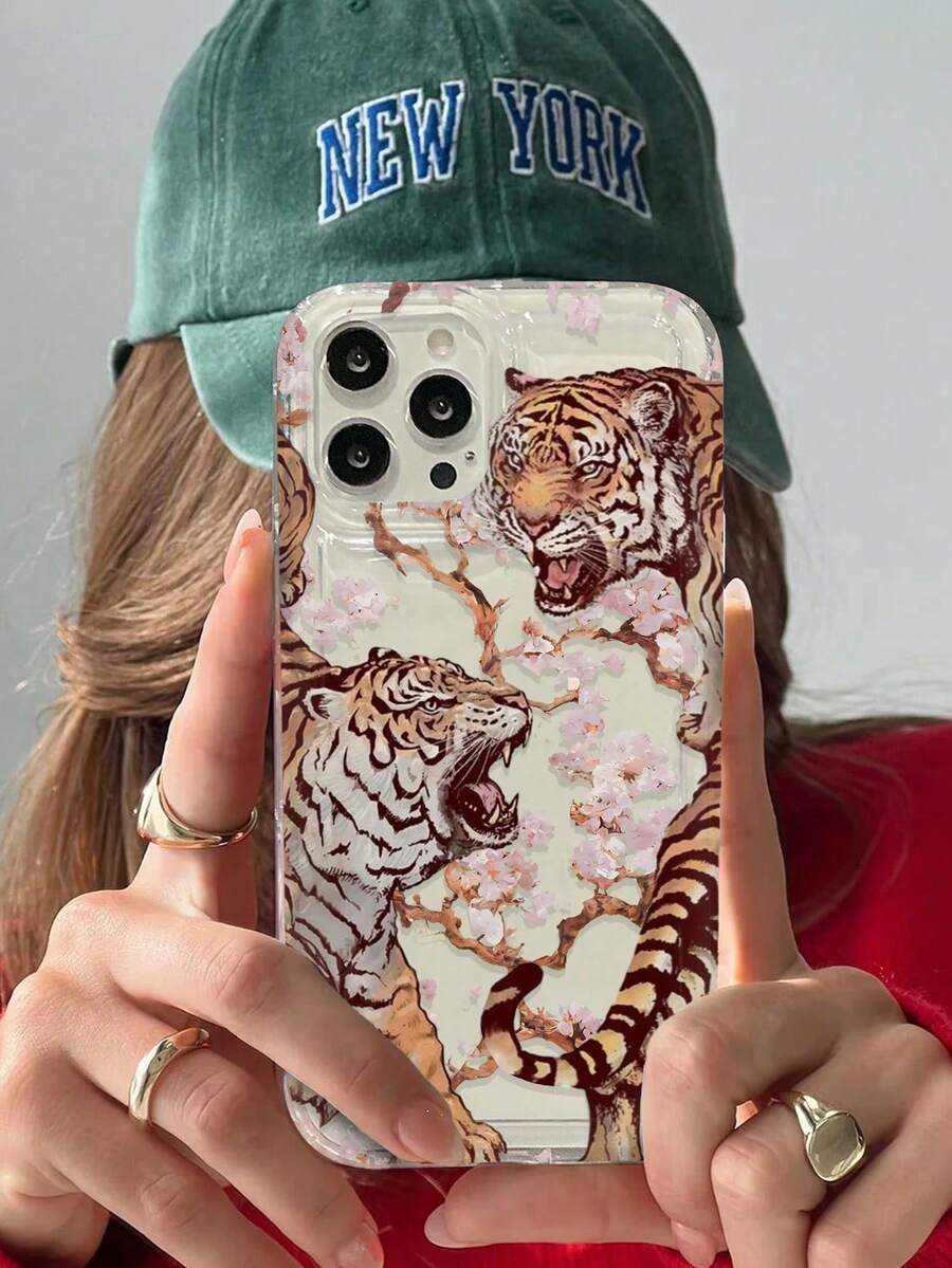 Plum Blossom Vicious Tiger Winter Print Clear Case Compatible With IPhone 13/11/17/17pro/16/14/15/15pro/15 Plus/15 Promax/7plus/8plus/X/Xs Max/Xr/11pro/12pro/13pro/14pro/12mini/13mini/11promax/12promax/13promax/14promax/14plus/17pro Max/17Air/6/6s Plus/7/8/16Pro/16plus/16promax/Se2/17promax&Compatible With Samsung Galaxy/A54/A14/A12/A13/A15/A32/A33/A24/A52S/S20/S21/S22/S23/S24/S23Plus/S24ultra/S25/A15/A33/A23 - Multicolor - View 1