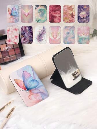 1pc Dreamy Series Portable Vanity Mirror, Foldable Lightweight Ultrathin Handheld Mirror, Durable PU Leather, Suitable For Multiple Scenarios, All Users, Foldable Compact Mirror, Portable Pocket Mirror, Unique Butterfly & Floral Pattern Design, Delicate, Foldable Structure, Durable And Reliable, Shockproof, Convenient To Carry, 180° Flip Cover, Multifunctional
