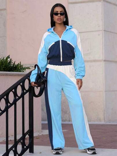 2pcs Women's Casual Contrast Color Patchwork Activewear Set, Hooded Zipper Pocket Long Sleeve Top And High Waist Wide Leg Pants, Spring