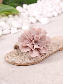 1 par de sandalias de playa de verano para niños, con tiras planas y diseño floral tejido de paja, para vacaciones casuales - Caqui - Ver 6