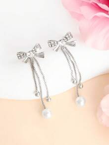 1 Pair Fashionable Romantic Rhinestone Heart & Bow Tassel Dangle Earrings For Women, Suitable For Valentine's Day & Daily Wear - Bow Tassel Earrings - View 2