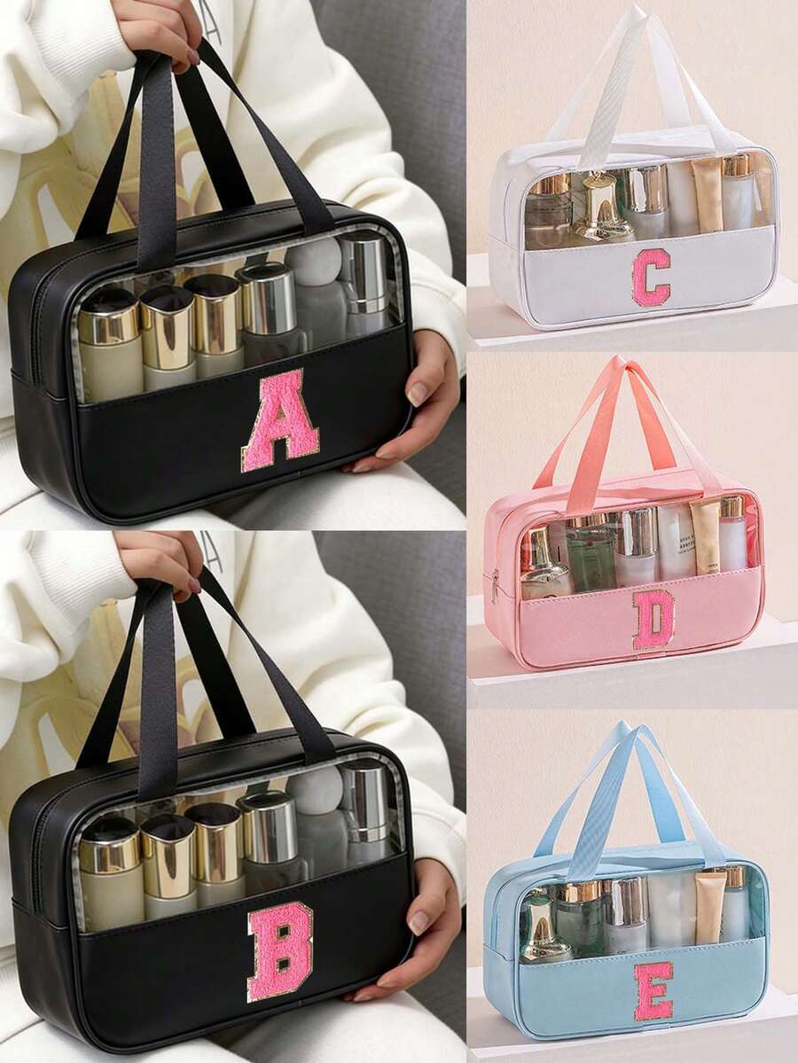 1pc Multi-Functional PVC Toiletry Bag, Transparent PVC Cosmetic Bag, Large Capacity Makeup Bag, DIY Letter Design Makeup Bag, Waterproof Travel Organizer Bag, Minimalist Letter Patch Travel Cosmetic Bag, Suitable For Cosmetics, Perfume, Beach, School, Bathroom, Festivals, Mother's Day, Christmas, Great Gift For Mom, Family, Friends, Unisex Travel Toiletry Bag, Bathroom Makeup Bag,Makeup Bag,Travel Essential