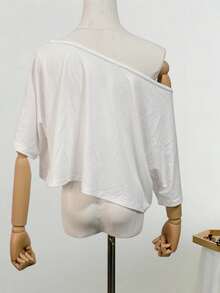 1pc Women's Asymmetrical Shoulder Batwing Short Sleeve T-Shirt Top, Loose Fit, Suitable For Summer, Beach, Street, Daily, Work, Office Party, Outing, Carnival, Music Festival, Valentine's Day, Party Occasions. Loose, Streetwear Style, Also Suitable For Outdoor Wear, Versatile Design, A Top Choice For Summer. - White - View 9