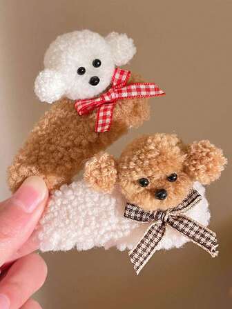 2pcs/Set Cartoon Plush Teddy Bear Hair Clips, Cute Plaid Bow Hair Clips, Claw Clips, Hair Slide, Hair Barrettes