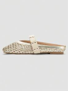 ADAMUMU New Women's Breathable Woven Texture Rhinestone Decor Open Toe Slip-On Flat Mules, Simple & Fashionable For Daily, Commuting, All Seasons, Black Woven - Gold - View 4