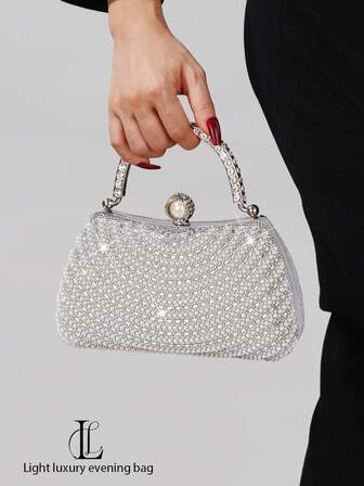 Elegant Fashion Diamond & Pearl Decor Clutch Bag, High-End Formal Evening Dress Party Handbag, Suitable For Wedding, Party, Gala, Diamond & Pearl Women Purse