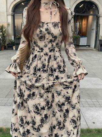 2025 Floral Print Elegant Tie-Front Long Sleeve Dress, Versatile For Commuting