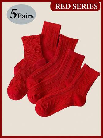 5 pares de calcetines rojos festivos con relieve, calcetines largos de unicolor para mujer en invierno